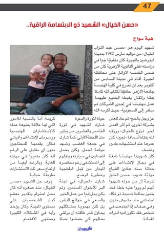 47
..‫الراقية‬ ‫االبتسامة‬ ‫ذو‬ ‫الشهيد‬ »‫الخيال‬ ‫«حسن‬
‫سواح‬ ‫هبة‬
‫ـواب‬‫ـ‬‫ت‬‫ال‬ ‫ـد‬‫ـ‬‫ب‬‫ع‬ ‫ـن‬‫ـ‬‫س‬‫«ح‬ ‫ـو‬‫ـ‬‫ه‬ ‫ـوم‬‫ـ‬‫ي‬‫ال‬ ‫ـهيد‬‫ـ‬‫ش‬
‫ـة‬‫ـ‬‫ن‬‫بمدي‬ 1982 ‫ـارس‬‫ـ‬‫م‬ ‫ـد‬‫ـ‬‫ي‬‫موال‬ ‫ـن‬‫ـ‬‫م‬ »‫ـال‬‫ـ‬‫ي‬‫الخ‬
‫ـي‬‫ـ‬‫ف‬ ‫ا‬ ً‫ـد‬‫ـ‬‫ج‬ ‫ـا‬‫ـ‬ ً‫متفوق‬ ‫كان‬ ،‫ـزة‬‫ـ‬‫ي‬‫بالج‬ ‫ـن‬‫ـ‬‫ش‬‫البدر‬
‫ـن‬‫ـ‬‫م‬ ‫كان‬ ‫ـة‬‫ـ‬‫ي‬‫األزهر‬ ‫ـة‬‫ـ‬‫ي‬‫الثانو‬ ‫ـي‬‫ـ‬‫ف‬‫ف‬ ‫ـته؛‬‫ـ‬‫س‬‫درا‬
‫ـة‬‫ـ‬‫ظ‬‫محاف‬ ‫ـى‬‫ـ‬‫ل‬‫ع‬ ‫ـل‬‫ـ‬‫ئ‬‫األوا‬ ‫ـة‬‫ـ‬‫س‬‫الخم‬ ‫ـن‬‫ـ‬‫م‬‫ض‬
‫ـن‬‫ـ‬‫م‬ ‫ـادس‬‫ـ‬‫س‬‫ال‬ ‫ـة‬‫ـ‬‫ن‬‫مدي‬ ‫ـي‬‫ـ‬‫ف‬ ‫ـام‬‫ـ‬‫ق‬‫أ‬ .‫ـزة‬‫ـ‬‫ي‬‫الج‬
‫ـة‬‫ـ‬‫س‬‫الهند‬ ‫ـة‬‫ـ‬‫ي‬‫كل‬ ‫ـي‬‫ـ‬‫ف‬ ‫ـرج‬‫ـ‬‫خ‬‫ت‬ ‫أن‬ ‫ـد‬‫ـ‬‫ع‬‫ب‬ ‫ـر‬‫ـ‬‫ب‬‫أكتو‬
‫ـا‬‫ـ‬‫م‬‫كا‬ ‫ـه‬‫ـ‬‫ل‬‫ال‬ ‫ـاب‬‫ـ‬‫ت‬‫لك‬ ‫ـا‬‫ـ‬ ً‫حافظ‬ ،‫ـر‬‫ـ‬‫ه‬‫األز‬ ‫ـة‬‫ـ‬‫ع‬‫جام‬
.‫ـا‬‫ـ‬‫م‬‫عليه‬ ‫ـع‬‫ـ‬‫ي‬‫الجم‬ ‫ـه‬‫ـ‬‫ط‬‫يغب‬ ‫ـان‬‫ـ‬‫ق‬‫وإت‬ ‫ـة‬‫ـ‬‫ق‬‫بد‬
‫ـم‬‫ـ‬‫ث‬ ‫ـركات‬‫ـ‬‫ش‬‫ال‬ ‫ـدى‬‫ـ‬‫ح‬‫إ‬ ‫ـي‬‫ـ‬‫ف‬ ‫ـا‬‫ـ‬ ً‫مهندس‬ ‫ـل‬‫ـ‬‫م‬‫ع‬
‫ـه‬‫ـ‬‫ل‬‫ال‬ ‫ـه‬‫ـ‬‫م‬‫أكر‬ ‫ـث‬‫ـ‬‫ي‬‫ح‬ -‫ـعودية‬‫ـ‬‫س‬‫ال‬ ‫ـى‬‫ـ‬‫ل‬‫إ‬ ‫ـافر‬‫ـ‬‫س‬
‫للعمل‬ ‫ـاد‬‫ـ‬‫ع‬ ‫ـم‬‫ـ‬‫ث‬ -‫ـج‬‫ـ‬‫ح‬‫بال‬ ‫ـل‬‫ـ‬‫ج‬‫و‬ ‫ـز‬‫ـ‬‫ع‬
‫ـل‬‫ـ‬‫م‬‫الع‬ ‫ـر‬‫ـ‬‫ث‬‫آ‬ ‫ـم‬‫ـ‬‫ث‬ ،‫ـرى‬‫ـ‬‫خ‬‫أ‬ ‫ـركة‬‫ـ‬‫ش‬‫ب‬
‫ـه‬‫ـ‬‫ق‬‫ورز‬ »‫ـال‬‫ـ‬‫ي‬‫«الخ‬ ‫ـزوج‬‫ـ‬‫ت‬ .‫ـر‬‫ـ‬‫ح‬‫ال‬
‫كان‬ »‫ـن‬‫ـ‬‫ج‬‫«ل‬ ‫ـماها‬‫ـ‬‫س‬‫أ‬ ‫ـاة‬‫ـ‬‫ت‬‫بف‬ ‫ـه‬‫ـ‬‫ل‬‫ال‬
‫ـن‬‫ـ‬‫م‬‫عا‬ ‫ـهاده‬‫ـ‬‫ش‬‫است‬ ‫ـد‬‫ـ‬‫ن‬‫ع‬ ‫ـا‬‫ـ‬‫ه‬‫عمر‬
.‫ـف‬‫ـ‬‫ص‬‫ون‬
‫ـة‬‫ـ‬‫غ‬‫ناب‬ ‫ـا‬‫ـ‬ ً‫مهندس‬ ‫ـهيدنا‬‫ـ‬‫ش‬ ‫كان‬
‫ـى‬‫ـ‬‫ل‬‫ع‬ ‫ـاءات‬‫ـ‬‫ش‬‫اإلن‬ ‫ـال‬‫ـ‬‫ج‬‫م‬ ‫ـي‬‫ـ‬‫ف‬
‫ـاع‬‫ـ‬‫ب‬‫الط‬ ‫ـادئ‬‫ـ‬‫ه‬ ،‫ـنه‬‫ـ‬‫س‬ ‫ـة‬‫ـ‬‫ث‬‫حدا‬
‫ـق‬‫ـ‬‫ل‬‫الخ‬ ‫ـن‬‫ـ‬‫س‬‫ح‬ ،‫ا‬ ً‫ـهم‬‫ـ‬‫ش‬ ،‫ـا‬‫ـ‬ً‫مهذب‬
‫ـهدوا‬‫ـ‬‫ش‬ ‫ـه‬‫ـ‬‫ل‬‫حو‬ ‫ـن‬‫ـ‬‫م‬ ‫أن‬ ‫ـة‬‫ـ‬‫ج‬‫لدر‬
،‫ـط‬‫ـ‬‫ق‬ ‫ـأ‬‫ـ‬‫ط‬‫خ‬ ‫ـه‬‫ـ‬‫ي‬‫عل‬ ‫ـروا‬‫ـ‬‫ي‬ ‫ـم‬‫ـ‬‫ل‬ ‫ـم‬‫ـ‬‫ه‬‫أن‬
‫ذكاء‬ ‫ذو‬ ،‫ـديدة‬‫ـ‬‫ش‬ ‫بحكمة‬ ‫يتميز‬
،‫ـزن‬‫ـ‬‫ت‬‫م‬ ‫ـوش‬‫ـ‬‫ش‬‫ب‬ ،‫ـاد‬‫ـ‬‫ح‬ ‫ـى‬‫ـ‬‫ع‬‫اجتما‬
‫ـي‬‫ـ‬‫ف‬ ‫ـت‬‫ـ‬‫ع‬‫اجتم‬ ‫إذا‬ ‫ـات‬‫ـ‬‫ف‬‫ص‬ ‫ـي‬‫ـ‬‫ه‬‫و‬
‫أمارات‬ ‫لديه‬ ‫تكون‬ ‫فقد‬ ‫ـخص‬‫ـ‬‫ش‬
.‫ـادة‬‫ـ‬‫ي‬‫الق‬
‫والدعوة‬ ‫الثورة‬ ‫حياة‬
‫ـورة‬‫ـ‬‫ث‬ ‫ـي‬‫ـ‬‫ف‬ ‫ـهيد‬‫ـ‬‫ش‬‫ال‬ ‫ـارك‬‫ـ‬‫ش‬
‫ـر‬‫ـ‬‫ي‬‫ينا‬ ‫ـن‬‫ـ‬‫م‬ ‫ـرين‬‫ـ‬‫ش‬‫والع‬ ‫ـس‬‫ـ‬‫م‬‫الخا‬
‫ـارك‬‫ـ‬‫ش‬ ‫ـا‬‫ـ‬‫م‬‫ك‬ ،‫ـى‬‫ـ‬‫ل‬‫األو‬ ‫ـة‬‫ـ‬‫ظ‬‫اللح‬ ‫ـذ‬‫ـ‬‫ن‬‫م‬
‫ـهد‬‫ـ‬‫ش‬‫و‬ ‫ـب‬‫ـ‬‫ض‬‫الغ‬ ‫ـة‬‫ـ‬‫ع‬‫جم‬ ‫ـي‬‫ـ‬‫ف‬
‫ـل‬‫ـ‬‫م‬‫يح‬ ‫وكان‬ ،‫ـل‬‫ـ‬‫م‬‫الج‬ ‫ـة‬‫ـ‬‫ع‬‫موق‬
‫ـم‬‫ـ‬‫ه‬‫وينقل‬ ‫ـيارته‬‫ـ‬‫س‬ ‫ـي‬‫ـ‬‫ف‬ ‫ـن‬‫ـ‬‫ب‬‫املصا‬
‫ـرة‬‫ـ‬‫ص‬‫محا‬ ‫ـم‬‫ـ‬‫غ‬‫ر‬ ‫ـفى‬‫ـ‬‫ش‬‫املست‬ ‫ـى‬‫ـ‬‫ل‬‫إ‬
‫ـة‬‫ـ‬‫ي‬‫البلطج‬ ‫ـل‬‫ـ‬‫ب‬ ِ‫ق‬ ‫ـن‬‫ـ‬‫م‬ ‫ـدان‬‫ـ‬‫ي‬‫امل‬
.‫ـع‬‫ـ‬‫ض‬‫الو‬ ‫ـورة‬‫ـ‬‫ط‬‫وخ‬
‫ـة‬‫ـ‬‫ن‬‫لج‬ ‫ـي‬‫ـ‬‫ف‬ »‫ـال‬‫ـ‬‫ي‬‫«الخ‬ ‫ـارك‬‫ـ‬‫ش‬
‫ـم‬‫ـ‬‫ل‬‫و‬ ،‫ـلمني‬‫ـ‬‫س‬‫امل‬ ‫ـوان‬‫ـ‬‫خ‬‫لإل‬ ‫ـر‬‫ـ‬‫ب‬‫ال‬
‫ـر‬‫ـ‬‫ي‬‫الخ‬ ‫ـل‬‫ـ‬‫م‬‫ع‬ ‫ـن‬‫ـ‬‫م‬ ‫ا‬ ً‫ـد‬‫ـ‬‫ب‬‫أ‬ ّ‫ـل‬‫ـ‬‫م‬‫ي‬ ‫ـن‬‫ـ‬‫ك‬‫ي‬
،‫ـاس‬‫ـ‬‫ن‬‫ال‬ ‫ـج‬‫ـ‬‫ئ‬‫حوا‬ ‫ـي‬‫ـ‬‫ف‬ ‫ـعي‬‫ـ‬‫س‬‫وال‬
‫ـاكلهم‬‫ـ‬‫ش‬‫بم‬ ‫ـا‬‫ـ‬ ً‫مهموم‬ ‫كان‬ ‫ـل‬‫ـ‬‫ب‬
‫ـي‬‫ـ‬‫ق‬‫يرت‬ ‫أن‬ ‫ـه‬‫ـ‬‫ت‬‫طاق‬ ‫ـدر‬‫ـ‬‫ق‬ ‫ـاول‬‫ـ‬‫ح‬‫ي‬
‫ـاة‬‫ـ‬‫ي‬‫ح‬ ‫ـوا‬‫ـ‬‫ش‬‫يعي‬ ‫ـي‬‫ـ‬‫ك‬ ‫ـم‬‫ـ‬‫ه‬‫بحال‬
‫ـور‬‫ـ‬‫م‬‫لأل‬ ‫ـبة‬‫ـ‬‫س‬‫بالن‬ ‫ـا‬‫ـ‬‫م‬‫أ‬ ،‫ـة‬‫ـ‬‫م‬‫كري‬
‫ـه‬‫ـ‬‫ل‬‫عم‬ ‫ـة‬‫ـ‬‫ع‬‫بطبي‬ ‫ـة‬‫ـ‬‫ق‬‫عال‬ ‫ـا‬‫ـ‬‫ه‬‫ل‬ ‫ـي‬‫ـ‬‫ت‬‫ال‬
‫ـية‬‫ـ‬‫س‬‫الهند‬ ‫ـارات‬‫ـ‬‫ش‬‫كاالست‬
‫ـي‬‫ـ‬‫ن‬‫واملبا‬ ‫ـاءات‬‫ـ‬‫ش‬‫اإلن‬ ‫ـومات‬‫ـ‬‫س‬‫ور‬
‫ـن‬‫ـ‬‫ج‬‫للمحتا‬ ‫ـا‬‫ـ‬‫ه‬‫يقدم‬ ‫ـكان‬‫ـ‬‫ف‬
‫ـم‬‫ـ‬‫غ‬‫الر‬ ‫ـى‬‫ـ‬‫ل‬‫ع‬ ‫ـل‬‫ـ‬‫ب‬‫مقا‬ ‫أي‬ ‫ـدون‬‫ـ‬‫ب‬
‫ـه‬‫ـ‬‫ت‬‫مهن‬ ‫ـي‬‫ـ‬‫ف‬ ‫ا‬
ً
‫ـز‬‫ـ‬‫ي‬‫متم‬ ‫كان‬ ‫ـه‬‫ـ‬‫ن‬‫أ‬
‫ـن‬‫ـ‬‫م‬ ‫ـا‬‫ـ‬ ً‫أيض‬ ‫ـم‬‫ـ‬‫غ‬‫وبالر‬ ،‫ـة‬‫ـ‬‫ي‬‫للغا‬
‫ـارات‬‫ـ‬‫ش‬‫االست‬ ‫ـك‬‫ـ‬‫ل‬‫ت‬ ‫ـعر‬‫ـ‬‫س‬ ‫ـاع‬‫ـ‬‫ف‬‫ارت‬
.‫ـة‬‫ـ‬‫ي‬‫خيال‬ ‫ـة‬‫ـ‬‫ق‬‫بطري‬
‫ـن‬‫ـ‬‫س‬‫«ح‬ ‫ـهيد‬‫ـ‬‫ش‬‫ال‬ ‫ـن‬‫ـ‬‫ع‬ ‫ـرف‬‫ـ‬ ُ‫ع‬
‫كان‬ ‫ـه‬‫ـ‬‫ن‬‫أ‬ ‫ـره‬‫ـ‬‫غ‬‫ص‬ ‫ـذ‬‫ـ‬‫ن‬‫م‬ »‫ـال‬‫ـ‬‫ي‬‫الخ‬
‫ـم‬‫ـ‬‫ظ‬‫مع‬ ‫ـر‬‫ـ‬‫ي‬‫وتقد‬ ‫ـرام‬‫ـ‬‫ت‬‫اح‬ ‫ـل‬‫ـ‬‫ح‬‫م‬
‫ـى‬‫ـ‬‫ل‬‫ع‬ ‫ـخصيات‬‫ـ‬‫ش‬‫ال‬ ‫ـار‬‫ـ‬‫ب‬‫ك‬
‫ـذ‬‫ـ‬‫خ‬‫يؤ‬ ‫وكان‬ ،‫ـة‬‫ـ‬‫ن‬‫املدي‬ ‫ـتوى‬‫ـ‬‫س‬‫م‬
‫ـرة‬‫ـ‬‫ي‬‫الكب‬ ‫ـكالت‬‫ـ‬‫ش‬‫امل‬ ‫ـي‬‫ـ‬‫ف‬ ‫ـه‬‫ـ‬‫ي‬‫رأ‬
.‫ـام‬‫ـ‬‫م‬‫االهت‬ ‫ـى‬‫ـ‬‫ه‬‫وبمنت‬
 