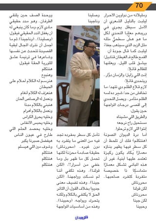 70
‫ـرار‬‫ـ‬‫ح‬‫األ‬ ‫ـن‬‫ـ‬‫ي‬‫دواو‬ ‫ـن‬‫ـ‬‫م‬ ‫ـه‬‫ـ‬‫ت‬‫ومثيال‬
‫أن‬ ‫ـعري‬‫ـ‬‫ش‬‫ال‬ ‫ـل‬‫ـ‬‫ي‬‫بالدل‬ ‫ـت‬‫ـ‬‫ب‬‫ليث‬
‫ـي‬‫ـ‬‫ف‬ ‫ـري‬‫ـ‬‫ج‬‫ي‬ ‫ـيظل‬‫ـ‬‫س‬ ‫ـل‬‫ـ‬‫م‬‫األ‬
‫ـكل‬‫ـ‬‫ل‬ ‫ـدي‬‫ـ‬‫ح‬‫الت‬ ‫ـا‬‫ـ‬ً‫معلن‬ ‫ـم‬‫ـ‬‫ه‬‫وريد‬
‫ـه‬‫ـ‬‫ل‬‫مث‬ ٌّ‫ـطحي‬‫ـ‬‫س‬
ٌّ
‫ـش‬‫ـ‬‫ه‬ ‫ـو‬‫ـ‬‫ه‬ ‫ـا‬‫ـ‬‫م‬
ً‫ـاء‬‫ـ‬‫ف‬‫ج‬ ‫ـيذهب‬‫ـ‬‫س‬ ‫ـذي‬‫ـ‬‫ل‬‫ا‬ ‫ـد‬‫ـ‬‫ب‬‫الز‬ ‫ـل‬‫ـ‬‫ث‬‫م‬
:‫أن‬ ‫ـودة‬‫ـ‬‫ج‬ ‫ـال‬‫ـ‬‫ق‬ ‫ـا‬‫ـ‬‫م‬‫ك‬ ‫ـت‬‫ـ‬‫ب‬‫ليث‬
/‫ـل‬‫ـ‬‫ي‬‫قناد‬ ‫ـان‬‫ـ‬‫ط‬‫الغي‬ ‫ـ‬‫ـ‬‫ـ‬‫ـ‬‫ف‬ ‫ـع‬‫ـ‬‫ل‬‫طا‬ ‫ـح‬‫ـ‬‫م‬‫الق‬
‫ـا‬‫ـ‬‫ه‬‫ويعلن‬ ..‫ـل‬‫ـ‬‫ي‬‫الل‬ ‫ـب‬‫ـ‬‫ل‬‫ق‬ ‫ـق‬‫ـ‬‫ش‬‫بي‬
: ً‫ـا‬‫ـ‬‫ئ‬‫قا‬ ‫ـم‬‫ـ‬‫ل‬‫للظا‬
..‫ار‬ َّ‫دو‬ ‫ـان‬‫ـ‬‫م‬‫والز‬ /‫ـل‬‫ـ‬‫ي‬‫زا‬ ‫ـي‬‫ـ‬‫ل‬‫ال‬ ‫ـت‬‫ـ‬‫ن‬‫إ‬
: ً‫ـا‬‫ـ‬‫ئ‬‫قا‬ ‫ـدى‬‫ـ‬‫ح‬‫ويت‬
‫ـا‬‫ـ‬‫م‬ /‫ـد‬‫ـ‬‫ه‬‫تت‬ ‫دي‬ ‫ـم‬‫ـ‬‫ل‬‫الظ‬ ‫ـاع‬‫ـ‬‫ق‬ ‫الزم‬
‫ـه‬‫ـ‬‫س‬‫ل‬ ‫ده‬ ‫ر‬ ّ‫ـم‬‫ـ‬‫ش‬ /‫حد‬ ‫من‬ ‫تخافش‬
‫ـدي‬‫ـ‬‫ح‬‫الت‬ ‫ـل‬‫ـ‬‫ص‬‫وي‬ ..‫ـر‬‫ـ‬‫م‬‫متآ‬ ‫ـم‬‫ـ‬‫ل‬‫الظ‬
‫ـة‬‫ـ‬‫ه‬‫املواج‬ ‫ـات‬‫ـ‬‫ج‬‫در‬ ‫ـى‬‫ـ‬‫ص‬‫أق‬ ‫ـى‬‫ـ‬‫ل‬‫إ‬
:‫ـول‬‫ـ‬‫ق‬‫ي‬ ‫ـن‬‫ـ‬‫ح‬
‫مشيناه‬ ‫اللي‬ ‫والطريق‬
‫نرجعه‬ ‫راح‬ ‫مستحيل‬
.‫ترحلوا‬ ‫الزم‬ ‫اللي‬ ‫إنتوا‬
‫ـة‬‫ـ‬‫ن‬‫املصو‬ ‫ـوان‬‫ـ‬‫ي‬‫الد‬ ‫درة‬ ‫ـا‬‫ـ‬‫م‬‫أ‬
‫أن‬ ‫ـظ‬‫ـ‬‫ح‬‫تل‬ ‫أن‬ ‫ـك‬‫ـ‬‫ل‬‫ف‬ )‫ـم‬‫ـ‬‫ل‬‫(هنتك‬
‫ـاؤه‬‫ـ‬‫ن‬‫ب‬ ‫ـر‬‫ـ‬‫ه‬‫يظ‬ ‫ـا‬‫ـ‬‫ه‬‫في‬ ٍ‫ـطر‬‫ـ‬‫س‬ ‫كل‬
‫ـزة‬‫ـ‬‫ي‬‫رك‬ ‫ـون‬‫ـ‬‫ك‬‫ي‬ ‫ـكاد‬‫ـ‬‫ي‬ ‫ا‬ ً‫ـار‬‫ـ‬‫م‬‫مع‬
‫أن‬ ‫ـر‬‫ـ‬‫ي‬‫غ‬ ،‫ـة‬‫ـ‬‫ي‬‫أبن‬ ‫ـا‬‫ـ‬‫ه‬‫علي‬ ‫ـد‬‫ـ‬‫م‬‫تعت‬
‫ا‬ ً‫ـار‬‫ـ‬‫م‬‫مع‬ ‫ـكل‬‫ـ‬‫ش‬‫ت‬ ‫ـي‬‫ـ‬‫ن‬‫املبا‬ ‫ـذه‬‫ـ‬‫ه‬
‫ـة‬‫ـ‬‫ص‬‫خصي‬ ‫ذا‬ ‫ا‬ ً‫ـك‬‫ـ‬‫س‬‫متما‬
..‫ـا‬‫ـ‬‫ه‬‫صاحب‬ ‫ـرد‬‫ـ‬‫ف‬‫كت‬ ‫ـردة‬‫ـ‬‫ف‬‫مت‬
‫محررناش‬
‫قولنا‬ ‫لكن‬
‫محررناش‬
‫جينا‬ ‫لكن‬
‫وحبينا‬
‫وصلينا‬
‫وناجينا‬
‫ـد‬‫ـ‬‫ج‬‫ت‬ ‫ـرده‬‫ـ‬‫ف‬‫بم‬ ‫ـطر‬‫ـ‬‫س‬ ‫كل‬ ‫ـل‬‫ـ‬‫م‬‫تأ‬
‫ـه‬‫ـ‬‫ب‬ ‫ـرد‬‫ـ‬‫ف‬‫يت‬ ‫ـا‬‫ـ‬‫م‬ ‫ـى‬‫ـ‬‫ن‬‫املع‬ ‫ـن‬‫ـ‬‫م‬ ‫ـه‬‫ـ‬‫ي‬‫ف‬
)‫ـاش‬‫ـ‬‫ن‬‫(محرر‬ ...‫ـره‬‫ـ‬‫ي‬‫غ‬ ‫دون‬
‫ـا‬‫ـ‬‫ه‬‫لكن‬ ‫ـة‬‫ـ‬‫ن‬‫محز‬ ‫ـة‬‫ـ‬‫م‬‫صاد‬ ‫ـة‬‫ـ‬‫ق‬‫حقي‬
‫ـا‬‫ـ‬‫م‬‫و‬ ‫ـل‬‫ـ‬‫ب‬ ‫ـر‬‫ـ‬‫ه‬‫ظ‬ ‫ـا‬‫ـ‬‫م‬ ‫كل‬ ‫ـل‬‫ـ‬‫م‬‫تح‬
‫ـن‬‫ـ‬‫ك‬‫(ل‬ ،!!‫ـرار‬‫ـ‬‫س‬‫أ‬ ‫ـن‬‫ـ‬‫م‬ ‫ـي‬‫ـ‬‫ف‬‫خ‬
‫ـا‬‫ـ‬‫ن‬‫أن‬ ‫ـي‬‫ـ‬‫ف‬‫تك‬ ‫ـذه‬‫ـ‬‫ه‬‫و‬ ..)‫ـا‬‫ـ‬‫ن‬‫قول‬
‫ـن‬‫ـ‬‫ك‬‫(ل‬ ،‫ـا‬‫ـ‬‫ن‬‫وواجه‬ ‫ـكت‬‫ـ‬‫س‬‫ن‬ ‫ـم‬‫ـ‬‫ل‬
‫ـى‬‫ـ‬‫ن‬‫مع‬ ‫ـف‬‫ـ‬‫ي‬‫تض‬ ‫ـذه‬‫ـ‬‫ه‬‫و‬ ..)‫ـا‬‫ـ‬‫ن‬‫جي‬
‫ـر‬‫ـ‬‫ئ‬‫الثا‬ ‫أن‬ ،‫ـول‬‫ـ‬‫ق‬‫ال‬ ‫ـاف‬‫ـ‬‫خ‬‫ب‬ ‫ا‬ ً‫ـد‬‫ـ‬‫ي‬‫جد‬
‫ـه‬‫ـ‬‫ن‬‫ولك‬ ‫ـكالم‬‫ـ‬‫ل‬‫با‬ ‫ـي‬‫ـ‬‫ف‬‫يكت‬ ‫ال‬ ‫ـق‬‫ـ‬‫ح‬‫ال‬
..)‫ـا‬‫ـ‬‫ن‬‫(وحبي‬ ،‫ـه‬‫ـ‬‫ج‬‫ويوا‬ ‫ـرك‬‫ـ‬‫ح‬‫يت‬
‫ـة‬‫ـ‬‫ه‬‫املواج‬ ‫ـيات‬‫ـ‬‫س‬‫أسا‬ ‫ـن‬‫ـ‬‫م‬ ‫ـذه‬‫ـ‬‫ه‬‫و‬
‫ـي‬‫ـ‬‫ق‬‫يلت‬ ‫ـن‬‫ـ‬‫ح‬ ‫ـف‬‫ـ‬‫ص‬‫ال‬ ‫ـدة‬‫ـ‬‫ح‬‫وو‬
‫ـي‬‫ـ‬‫ق‬‫حقي‬ ‫ـدد‬‫ـ‬‫م‬ ‫ـو‬‫ـ‬‫ه‬‫و‬ ..‫ـان‬‫ـ‬‫ف‬‫الطر‬
‫ـه‬‫ـ‬‫ل‬ ‫ـي‬‫ـ‬‫غ‬‫ينب‬ ‫كان‬ ‫ـا‬‫ـ‬‫م‬‫و‬ ،‫الزم‬ ‫ـادي‬‫ـ‬‫م‬
:‫ـول‬‫ـ‬‫ق‬‫في‬ ‫ـي‬‫ـ‬‫ق‬‫الحقي‬ ‫ـدد‬‫ـ‬‫مل‬‫ا‬ ‫ـل‬‫ـ‬‫ف‬‫يغ‬ ‫أن‬
‫ـا‬‫ـ‬‫م‬ ‫ـم‬‫ـ‬‫ث‬ .)‫ـا‬‫ـ‬‫ن‬‫(وناجي‬ ...)‫ـا‬‫ـ‬‫ن‬‫(وصلي‬
‫ـة‬‫ـ‬‫ي‬‫لبق‬ ‫ـال‬‫ـ‬‫ج‬‫امل‬ ‫ـرك‬‫ـ‬‫ت‬‫ن‬ ‫أن‬ ‫ـل‬‫ـ‬‫م‬‫أج‬
‫ـها‬‫ـ‬‫س‬‫نف‬ ‫ـن‬‫ـ‬‫ع‬ ‫ـدث‬‫ـ‬‫ح‬‫تت‬ ‫ـدة‬‫ـ‬‫ي‬‫القص‬
‫ـق‬‫ـ‬‫ش‬‫ع‬ ‫ـة‬‫ـ‬‫م‬‫ترني‬ ‫ـي‬‫ـ‬‫ف‬ ‫ـاعرها‬‫ـ‬‫ش‬‫و‬
:‫ـول‬‫ـ‬‫ق‬‫في‬ ‫ـة‬‫ـ‬‫ق‬‫الح‬ ‫ـة‬‫ـ‬‫ي‬‫للثور‬
‫هنتكلم‬
‫ع‬ َّ‫وهنبد‬
‫ـى‬‫ـ‬‫ل‬‫ع‬ ‫ـام‬‫ـ‬‫ح‬‫أ‬ ‫ـكالم‬‫ـ‬‫ل‬‫ا‬ ‫ـه‬‫ـ‬‫ل‬ ‫ـم‬‫ـ‬‫س‬‫هنر‬
‫ـان‬‫ـ‬‫ط‬‫الحي‬
‫أنغام‬ ‫الكالم‬ ‫له‬ ‫هنعزف‬
‫ألحان‬ ‫الرصاص‬ ‫له‬ ‫ونعمل‬
‫مدنة‬ ‫بالكالم‬ ‫هنبني‬
‫أهرام‬ ‫بالكالم‬ ‫ونعمل‬
‫الكراس‬ ‫يحرق‬ ‫وخليه‬
‫األنفاس‬ ‫يحبس‬ ‫وخليه‬
‫ـي‬‫ـ‬‫ل‬‫ال‬ ‫ـم‬‫ـ‬‫ل‬‫الح‬ ‫ـد‬‫ـ‬‫ص‬‫يح‬ ‫ـه‬‫ـ‬‫ي‬‫وخل‬
‫ـاس‬‫ـ‬‫ن‬‫ال‬ ‫ـون‬‫ـ‬‫ي‬‫ع‬ ‫ـي‬‫ـ‬‫ف‬ ‫ـارح‬‫ـ‬‫ط‬
‫يكبر‬ ‫صبرنا‬ ‫هيفضل‬
‫هيسلم‬ ‫اللي‬ ‫مني‬ ‫وشوف‬
‫هنتكلم‬
‫هنتكلم‬
‫هنتكلم‬
 
