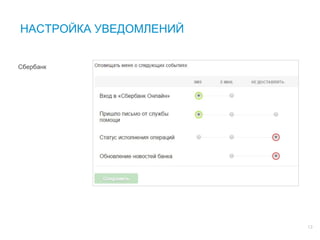 13
Сбербанк
НАСТРОЙКА УВЕДОМЛЕНИЙ
 