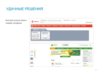 22
Быстрая оплата своего
номера телефона
УДАЧНЫЕ РЕШЕНИЯ
 