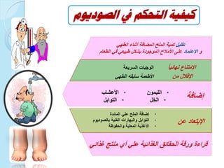 ً‫ا‬ٌ‫نهائ‬ ‫اإلمتناع‬‫السرٌعة‬ ‫الوجبات‬
‫من‬ ‫اإلقالل‬ً‫الطه‬ ‫سابقه‬ ‫األطعمة‬
ً‫غذائ‬ ‫منتج‬ ‫أي‬ ً‫عل‬ ‫الغذائٌة‬ ‫الحقائق‬ ‫ورقة‬ ‫قراءة‬
‫عن‬ ‫اإلبتعاد‬
•‫المائدة‬ ً‫عل‬ ‫الملح‬ ‫إضافة‬
•‫بالصودٌوم‬ ‫الغنٌة‬ ‫والبهارات‬ ‫التوابل‬
•‫والحفوظة‬ ‫المعلبة‬ ‫األغذٌة‬
•‫األعشاب‬
•‫التوابل‬
•‫اللٌمون‬
•‫الخل‬
‫إضافة‬
‫تقلٌل‬ً‫الطه‬ ‫أثناء‬ ‫المضافة‬ ‫الملح‬ ‫كمٌة‬
‫و‬‫اإلعتماد‬‫الطعام‬ ً‫ف‬ ً‫طبٌع‬ ‫بشكل‬ ‫الموجودة‬ ‫األمالح‬ ‫على‬
 