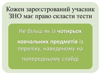 Кожен зареєстрований учасник
ЗНО має право скласти тести
Не більш як із чотирьох
навчальних предметів із
переліку, наведеному на
попередньому слайді
 