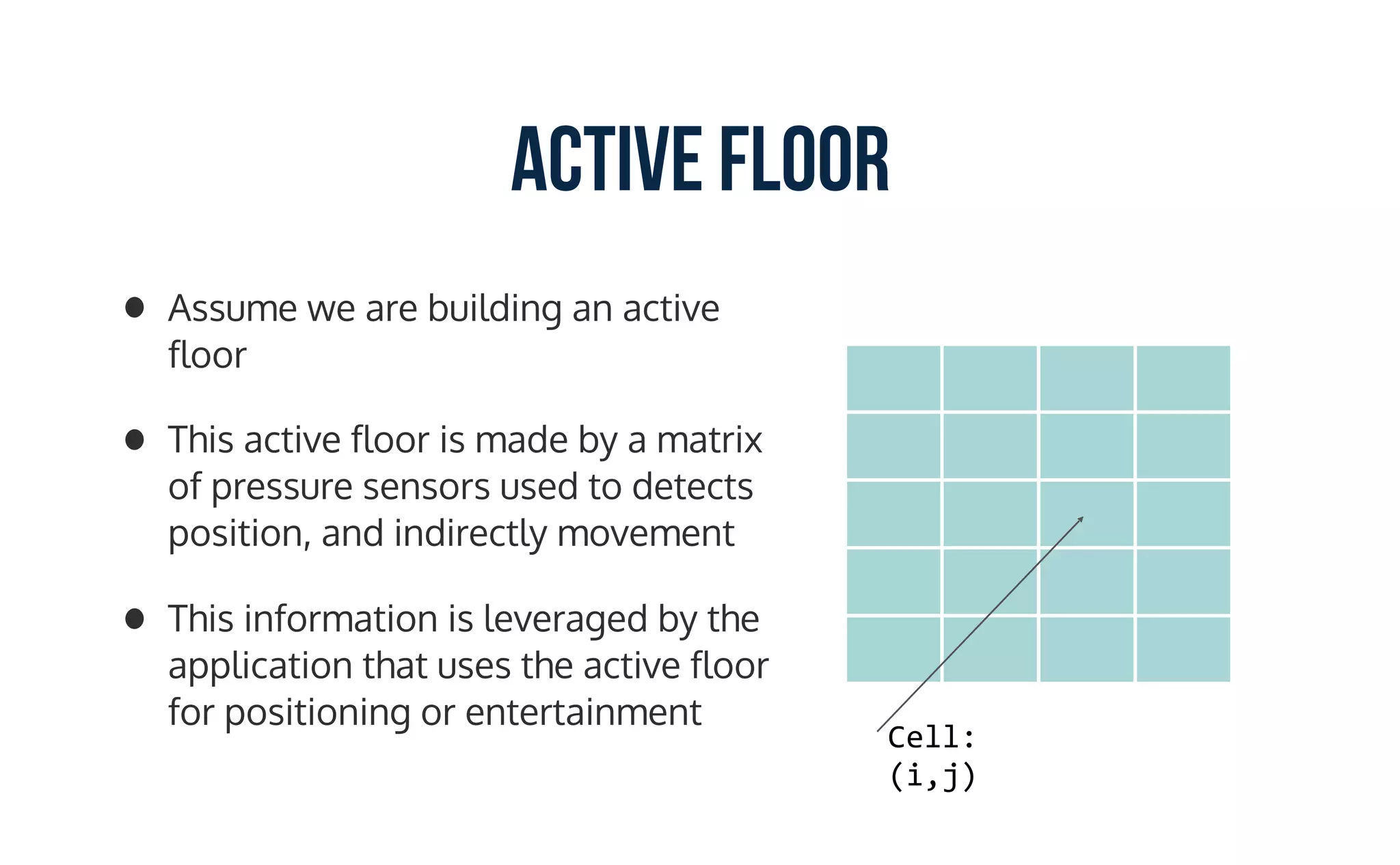 Active Floor
• Assume we are building an active
floor
• This active floor is made by a matrix
of pressure sensors used to detects
position, and indirectly movement
• This information is leveraged by the
application that uses the active floor
for positioning or entertainment
Cell:	
(i,j)
 
