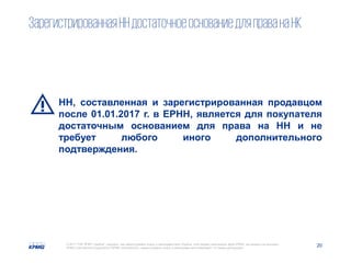 20© 2017 ТОВ "КПМГ-Україна", компанія, яка зареєстрована згідно із законодавством України, член мережі незалежних фірм KPMG, що входять до асоціації
KPMG International Cooperative ("KPMG International"), зареєстрованої згідно із законодавством Швейцарії. Усі права застережені.
ЗарегистрированнаяННдостаточноеоснованиедляправанаНК
НН, составленная и зарегистрированная продавцом
после 01.01.2017 г. в ЕРНН, является для покупателя
достаточным основанием для права на НН и не
требует любого иного дополнительного
подтверждения.
 