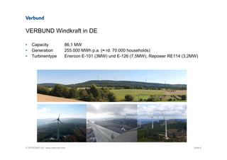 © VERBUND AG, www.verbund.com
VERBUND Windkraft in DE
Seite 9
• Capacity 86,1 MW
• Generation 255.000 MWh p.a. (≈ rd. 70.000 households)
• Turbinentype Enercon E-101 (3MW) und E-126 (7,5MW), Repower RE114 (3,2MW)
 