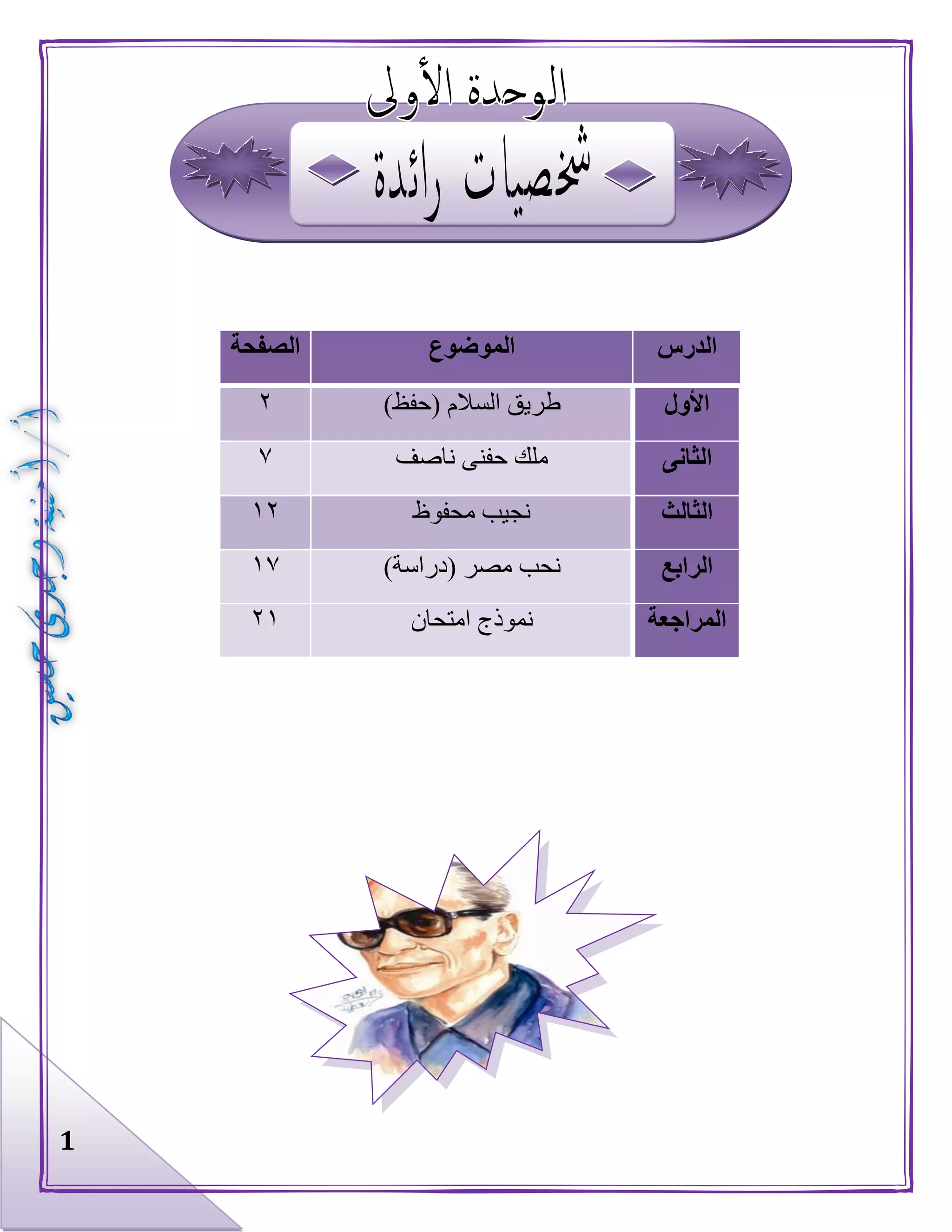 1
‫الدرس‬‫الموضوع‬‫الصفحة‬
‫األول‬‫السالم‬ ‫طريق‬)‫(حفظ‬٢
‫الثانى‬‫ناصف‬ ‫حفنى‬ ‫ملك‬٧
‫الثالث‬‫محفوظ‬ ‫نجيب‬١٢
‫الرابع‬)‫(دراسة‬ ‫مصر‬ ‫نحب‬١٧
‫المراجعة‬‫امتحان‬ ‫نموذج‬٢١
 
