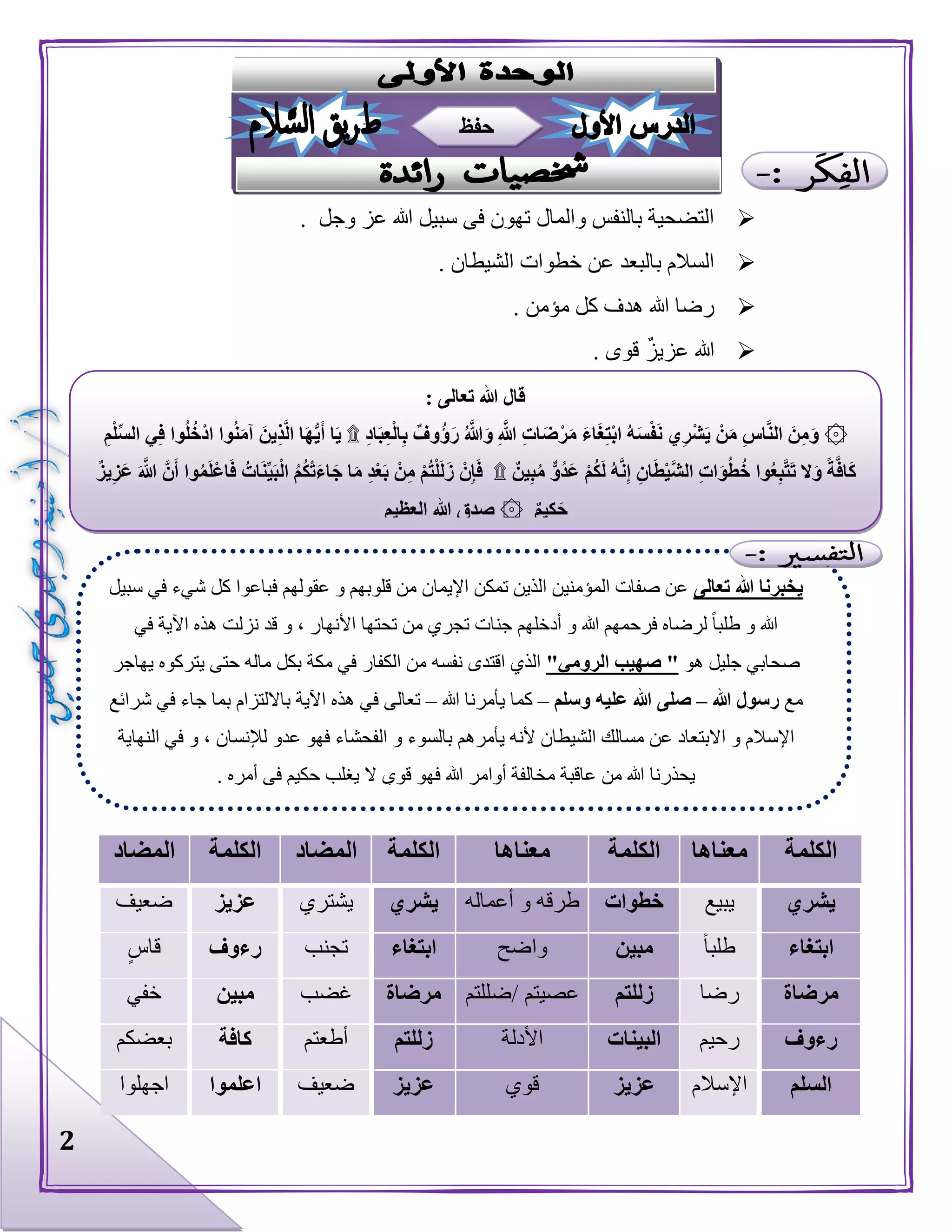 2
‫وجل‬ ‫عز‬ ‫هللا‬ ‫سبيل‬ ‫فى‬ ‫تهون‬ ‫والمال‬ ‫بالنفس‬ ‫التضحية‬.
‫خطو‬ ‫عن‬ ‫بالبعد‬ ‫السالم‬‫الشيطان‬ ‫ات‬.
. ‫مؤمن‬ ‫كل‬ ‫هدف‬ ‫هللا‬ ‫رضا‬
‫قوى‬ ٌ‫ز‬‫عزي‬ ‫هللا‬.
‫الكلمة‬‫معناها‬‫الكلمة‬‫معناها‬‫الكلمة‬‫المضاد‬‫الكلمة‬‫المضاد‬
‫يشري‬‫يبيع‬‫خطوات‬‫أعماله‬ ‫و‬ ‫طرقه‬‫يشري‬‫يشتري‬‫عزيز‬‫ضعيف‬
‫ابتغاء‬‫طلبا‬‫مبين‬‫واضح‬‫ابتغاء‬‫تجنب‬‫رءوف‬‫قاس‬
‫مرضاة‬‫رضا‬‫زللتم‬‫عصيتم‬/‫ضللتم‬‫مرضاة‬‫غض‬‫ب‬‫مبين‬‫خفي‬
‫رءوف‬‫رحيم‬‫البينات‬‫األدلة‬‫زللتم‬‫أطعتم‬‫كافة‬‫بعضكم‬
‫السلم‬‫اإلسالم‬‫عزيز‬‫قوي‬‫عزيز‬‫ضعيف‬‫اعلموا‬‫اجهلوا‬
: ‫تعالى‬ ‫هللا‬ ‫قال‬
۞ْ‫ش‬َ‫ي‬ ْ‫ن‬َ‫م‬ ِ‫س‬‫ا‬َّ‫ن‬‫ال‬ َ‫ن‬ِ‫م‬َ‫و‬ِ‫د‬‫ا‬َ‫ب‬ِ‫ع‬ْ‫ل‬‫ا‬ِ‫ب‬ ٌ‫وف‬ُ‫ؤ‬َ‫ر‬ ُ َّ‫هللا‬َ‫و‬ ِ َّ‫هللا‬ ِ‫ت‬‫ا‬َ‫ض‬ْ‫ر‬َ‫م‬ َ‫ء‬‫ا‬َ‫غ‬ِ‫ت‬ْ‫ب‬‫ا‬ ُ‫ه‬َ‫س‬ْ‫ف‬َ‫ن‬ ‫ي‬ِ‫ر‬۩ِ‫م‬ْ‫ل‬ِّ‫س‬‫ال‬ ‫ي‬ِ‫ف‬ ‫وا‬ُ‫ل‬ُ‫ْخ‬‫د‬‫ا‬ ‫وا‬ُ‫ن‬َ‫م‬‫آ‬ َ‫ين‬ِ‫ذ‬َّ‫ل‬‫ا‬ ‫ا‬َ‫ه‬ُّ‫ي‬َ‫أ‬ ‫ا‬َ‫ي‬
ُ‫ك‬ْ‫ت‬َ‫ء‬‫ا‬َ‫ج‬ ‫ا‬َ‫م‬ ِ‫د‬ْ‫ع‬َ‫ب‬ ْ‫ن‬ِ‫م‬ ْ‫م‬ُ‫ت‬ْ‫ل‬َ‫ل‬َ‫ز‬ ْ‫ن‬ِ‫إ‬َ‫ف‬ ۩ ٌ‫ين‬ِ‫ب‬ُ‫م‬ ٌّ‫ُو‬‫د‬َ‫ع‬ ْ‫م‬ُ‫ك‬َ‫ل‬ ُ‫ه‬َّ‫ن‬ِ‫إ‬ ِ‫ان‬َ‫ط‬ْ‫ي‬َّ‫ش‬‫ال‬ ِ‫ت‬‫ا‬َ‫و‬ُ‫ط‬ُ‫خ‬ ‫وا‬ُ‫ع‬ِ‫ب‬َّ‫ت‬َ‫ت‬ ‫ال‬َ‫و‬ ً‫ة‬َّ‫ف‬‫ا‬َ‫ك‬ٌ‫ز‬‫ي‬ِ‫ز‬َ‫ع‬ َ َّ‫هللا‬ َّ‫ن‬َ‫أ‬ ‫وا‬ُ‫م‬َ‫ل‬ْ‫ع‬‫ا‬َ‫ف‬ ُ‫ات‬َ‫ن‬ِّ‫ي‬َ‫ب‬ْ‫ل‬‫ا‬ ُ‫م‬
۞ ٌ‫م‬‫ي‬ِ‫ك‬َ‫ح‬‫العظيم‬ ‫هللا‬ ‫صدق‬
‫تعالى‬ ‫هللا‬ ‫يخبرنا‬‫سبيل‬ ‫في‬ ‫شيء‬ ‫كل‬ ‫فباعوا‬ ‫عقولهم‬ ‫و‬ ‫قلوبهم‬ ‫من‬ ‫اإليمان‬ ‫تمكن‬ ‫الذين‬ ‫المؤمنين‬ ‫صفات‬ ‫عن‬
‫ه‬ ‫نزلت‬ ‫قد‬ ‫و‬ ، ‫األنهار‬ ‫تحتها‬ ‫من‬ ‫تجري‬ ‫جنات‬ ‫أدخلهم‬ ‫و‬ ‫هللا‬ ‫فرحمهم‬ ‫لرضاه‬ ‫طلبا‬ ‫و‬ ‫هللا‬‫في‬ ‫اآلية‬ ‫ذه‬
‫هو‬ ‫جليل‬ ‫صحابي‬"‫الرومي‬ ‫صهيب‬ "‫يهاجر‬ ‫يتركوه‬ ‫حتى‬ ‫ماله‬ ‫بكل‬ ‫مكة‬ ‫في‬ ‫الكفار‬ ‫من‬ ‫نفسه‬ ‫اقتدى‬ ‫الذي‬
‫مع‬‫هللا‬ ‫رسول‬–‫وسلم‬ ‫عليه‬ ‫هللا‬ ‫صلى‬–‫هللا‬ ‫يأمرنا‬ ‫كما‬–‫شرائع‬ ‫في‬ ‫جاء‬ ‫بما‬ ‫بااللتزام‬ ‫اآلية‬ ‫هذه‬ ‫في‬ ‫تعالى‬
‫و‬ ‫بالسوء‬ ‫يأمرهم‬ ‫ألنه‬ ‫الشيطان‬ ‫مسالك‬ ‫عن‬ ‫االبتعاد‬ ‫و‬ ‫اإلسالم‬‫النهاية‬ ‫في‬ ‫و‬ ، ‫لإلنسان‬ ‫عدو‬ ‫فهو‬ ‫الفحشاء‬
. ‫أمره‬ ‫في‬ ‫حكيم‬ ‫يغلب‬ ‫ال‬ ‫قوي‬ ‫فهو‬ ‫هللا‬ ‫أوامر‬ ‫مخالفة‬ ‫عاقبة‬ ‫من‬ ‫هللا‬ ‫يحذرنا‬
‫حفظ‬
 