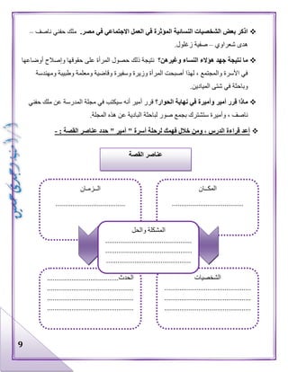 9
.‫مصر‬ ‫في‬ ‫االجتماعي‬ ‫العمل‬ ‫في‬ ‫المؤثرة‬ ‫النسائية‬ ‫الشخصيات‬ ‫بعض‬ ‫اذكر‬‫ناصف‬ ‫حفني‬ ‫ملك‬–
‫شعراوي‬ ‫هدى‬–.‫زغلول‬ ‫صفية‬
‫وغيرهن؟‬ ‫النساء‬ ‫هؤالء‬ ‫جهد‬ ‫نتيجة‬ ‫ما‬‫نتيجة‬‫ذلك‬‫أوضاعها‬ ‫وإصالح‬ ‫حقوقها‬ ‫على‬ ‫المرأة‬ ‫حصول‬
‫ومهندسة‬ ‫وطبيبة‬ ‫ومعلمة‬ ‫وقاضية‬ ‫وسفيرة‬ ‫وزيرة‬ ‫المرأة‬ ‫أصبحت‬ ‫لهذا‬ ، ‫والمجتمع‬ ‫األسرة‬ ‫في‬
.‫الميادين‬ ‫شتى‬ ‫في‬ ‫وباحثة‬
‫الحوار؟‬ ‫نهاية‬ ‫في‬ ‫وأميرة‬ ‫أمير‬ ‫قرر‬ ‫ماذا‬‫حفني‬ ‫ملك‬ ‫عن‬ ‫المدرسة‬ ‫مجلة‬ ‫في‬ ‫سيكتب‬ ‫أنه‬ ‫أمير‬ ‫قرر‬
‫بج‬ ‫ستشترك‬ ‫وأميرة‬ ، ‫ناصف‬.‫المجلة‬ ‫هذه‬ ‫عن‬ ‫البادية‬ ‫لباحثة‬ ‫صور‬ ‫مع‬
‫حدد‬ " ‫أمير‬ " ‫أسرة‬ ‫لرحلة‬ ‫فهمك‬ ‫خالل‬ ‫ومن‬ ، ‫الدرس‬ ‫قراءة‬ ‫أعد‬: ‫القصة‬ ‫عناصر‬-
‫القصة‬ ‫عناصر‬
‫المكــان‬
......................................
‫الشخصيات‬
..............................................
..............................................
..............................................
‫الحدث‬......................................
..............................................
..............................................
..............................................
‫الــزمـان‬
.....................................
‫والحل‬ ‫المشكلة‬
..............................................
..............................................
.............................................
 