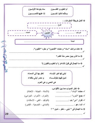 20
: ‫المفردات‬ ‫خريطة‬ ‫أكمل‬-
" ‫مضاد‬ ‫و‬ "‫"ساد‬ ‫مرادف‬ ‫هات‬‫قائمون‬" ‫مفرد‬ ‫و‬ "‫الفنون‬."
......................................................................................................................
‫؟‬ ‫القدم‬ ‫منذ‬ ‫مصر‬ ‫يميز‬ ‫الذى‬ ‫ما‬
......................................................................................................................
‫م‬( ‫الشاعر‬ ‫قول‬ ‫في‬ ‫الجمال‬ ‫ا‬‫والفنون‬ ‫العلوم‬ ‫أم‬‫)؟‬
......................................................................................................................
:‫األقواس‬ ‫بين‬ ‫مما‬ ‫الصواب‬ ‫اختر‬
‫مضاد‬: "‫"الوفاء‬.....................‫(األمانة‬–‫الخيانة‬–)‫اإلهانة‬
‫جمع‬: "‫"الحرم‬.........................‫(الحرام‬–‫األحرام‬–)‫الحرامي‬
‫تكرار‬: ‫يفيد‬ "‫"هي‬....................‫(التوكيد‬–‫النفي‬–)‫اإلستثناء‬
‫الفداء‬‫هو‬:.............................‫(التمادي‬–‫التضحية‬–)‫التقدير‬
‫نبنى‬ " ‫فى‬ ‫الجمال‬ ‫ما‬–‫نعلو‬–‫؟‬ " ‫ندين‬
......................................................................................................................
‫الفنـــــون‬ ‫و‬ ‫العلوم‬ ‫أم‬‫األولـــون‬ ‫بنودها‬ ‫ساد‬
‫نكـــــون‬ ‫كانوا‬ ‫ومثلما‬‫قائمــــــــون‬ ‫عليها‬ ‫إنا‬
‫البنـــاء‬ ‫خير‬ ‫لها‬ ‫نبني‬‫السمـاء‬ ‫إلى‬ ‫بها‬ ‫نعلو‬
‫بالوفـــــــاء‬ ‫فيها‬ ‫ندين‬‫بالفداء‬ ‫أولى‬ ‫مصر‬ ‫و‬
‫الحرم‬ ‫هي‬ ‫و‬ ‫الحمى‬ ‫هي‬
‫النوع‬......................................... :
‫الجملة‬............................................... :.................................................
‫المضاد‬..................... : ‫المرادف‬.................... :‫األولون‬
 