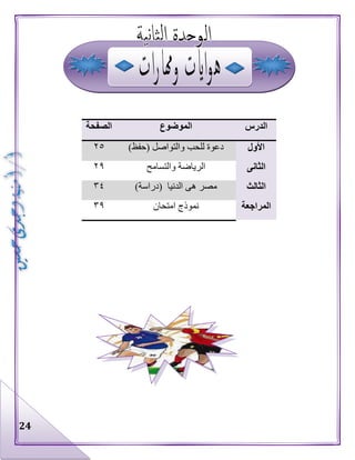 24
‫الدرس‬‫الموضوع‬‫الصفحة‬
‫األول‬‫والتواصل‬ ‫للحب‬ ‫دعوة‬)‫(حفظ‬٢٥
‫الثانى‬‫والتسامح‬ ‫الرياضة‬٢٩
‫الثالث‬)‫(دراسة‬ ‫الدنيا‬ ‫هى‬ ‫مصر‬٣٤
‫المراجعة‬‫ام‬ ‫نموذج‬‫تحان‬٣٩
 