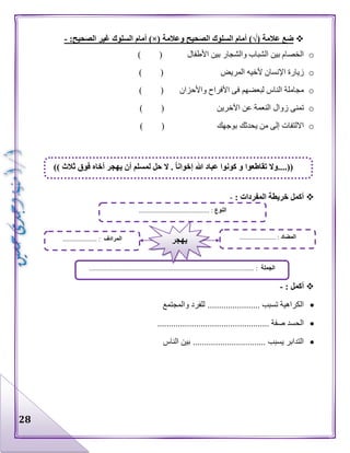 28
‫عالمة‬ ‫ضع‬)√(‫الصحيح‬ ‫السلوك‬ ‫أمام‬‫و‬‫عالمة‬)×(‫أمام‬‫الصحيح‬ ‫غير‬ ‫السلوك‬:-
o‫األطفال‬ ‫بين‬ ‫والشجار‬ ‫الشباب‬ ‫بين‬ ‫الخصام‬) (
o‫المريض‬ ‫ألخيه‬ ‫اإلنسان‬ ‫زيارة‬) (
o‫مجاملة‬‫واألحزان‬ ‫األفراح‬ ‫فى‬ ‫لبعضهم‬ ‫الناس‬) (
o‫اآلخرين‬ ‫عن‬ ‫النعمة‬ ‫زوال‬ ‫تمنى‬) (
o‫بوجهك‬ ‫يحدثك‬ ‫من‬ ‫إلى‬ ‫االلتفات‬) (
: ‫المفردات‬ ‫خريطة‬ ‫أكمل‬-
: ‫أكمل‬-
‫والمجتمع‬ ‫للفرد‬ ....................... ‫تسبب‬ ‫الكراهية‬
.............. ‫صفة‬ ‫الحسد‬...................................
‫الناس‬ ‫بين‬ ................................ ‫يسبب‬ ‫التدابر‬
((ً‫ا‬‫إخوان‬ ‫هللا‬ ‫عباد‬ ‫كونوا‬ ‫و‬ ‫تقاطعوا‬ ‫....وال‬‫أخا‬ ‫يهجر‬ ‫أن‬ ‫لمسلم‬ ‫حل‬ ‫ال‬ .)) ‫ثالث‬ ‫فوق‬ ‫ه‬
‫النوع‬......................................... :
‫الجملة‬................................................................................................ :
‫المضاد‬..................... :‫المرادف‬.................... : ‫يهجر‬
 