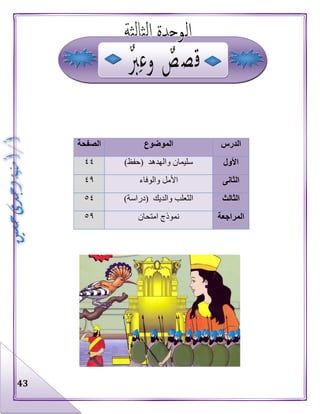 43
‫الدرس‬‫الموضوع‬‫الصفحة‬
‫األول‬‫والهدهد‬ ‫سليمان‬)‫(حفظ‬٤٤
‫الثانى‬‫والوفاء‬ ‫األمل‬٤٩
‫الثالث‬‫والديك‬ ‫الثعلب‬)‫(دراسة‬٥٤
‫المراجعة‬‫امتحان‬ ‫نموذج‬٥٩
 