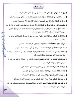 50
‫؟‬ ‫المدرسة‬ ‫حفل‬ ‫في‬ ‫أمل‬ ‫جلست‬ ‫أين‬. ‫الصف‬ ‫آخر‬ ‫في‬ ‫المدرسة‬ ‫حفل‬ ‫في‬ ‫أمل‬ ‫جلست‬
‫أمل؟‬ ‫اكتئاب‬ ‫سر‬ ‫ما‬‫أل‬.‫الحفل‬ ‫فقرات‬ ‫في‬ ‫زمالئها‬ ‫مع‬ ‫تشترك‬ ‫أن‬ ‫تستطع‬ ‫فلم‬ ، ‫عاجزة‬ ‫كانت‬ ‫نها‬
‫الحفل؟‬ ‫فقرات‬ ‫ما‬.‫الجري‬ ‫وسباق‬ ‫باألرجل‬ ‫البالونات‬ ‫وفرقعة‬ ، ‫الموسيقية‬ ‫الكراسي‬ ‫سباق‬
‫الحفل؟‬ ‫فقرات‬ ‫تشاهد‬ ‫وهي‬ ‫أمل‬ ‫حال‬ ‫صف‬‫ا‬ ‫فقرات‬ ‫تتابع‬ ‫أمل‬ ‫كان‬‫وفقرات‬ ‫حزينة‬ ‫مكتئبة‬ ‫وهي‬ ‫لحفل‬
، ‫الجري‬ ‫سباق‬ ‫إلى‬ ‫باألرجل‬ ‫البالونات‬ ‫فرقعة‬ ‫إلى‬ ‫الموسيقية‬ ‫الكراسي‬ ‫سباق‬ ‫لعبة‬ ‫من‬ ‫تتتابع‬ ‫الحفل‬
.‫الدموع‬ ‫عينيها‬ ‫من‬ ‫وتتقاطر‬ ‫تصفق‬ ‫فقرة‬ ‫كل‬ ‫نهاية‬ ‫وفي‬
‫أمل؟‬ ‫من‬ ‫المعلمة‬ ‫اقتربت‬ ‫لماذا‬‫ما‬ ‫عرفت‬ ‫ألنها‬ ‫كتفيها‬ ‫على‬ ‫وتربت‬ ‫دموعها‬ ‫وتسمح‬ ‫عليها‬ ‫لتحنو‬
‫يجول‬.‫أمل‬ ‫ذهن‬ ‫في‬
‫الحفل؟‬ ‫انتهاء‬ ‫بعد‬ ‫وأمل‬ ‫المعلمة‬ ‫اتجهت‬ ‫أين‬ ‫إلى‬‫بالمدرس‬ ‫األنشطة‬ ‫غرفة‬ ‫إلى‬
‫أمل؟‬ ‫من‬ ‫المعلمة‬ ‫طلبت‬ ‫ماذا‬.‫جديدة‬ ‫لعبة‬ ‫لتتعلم‬ ‫معها‬ ‫تأتي‬ ‫أن‬ ‫أمل‬ ‫من‬ ‫المعلمة‬ ‫طلبت‬
‫جديدة؟‬ ‫لعبة‬ ‫تعلم‬ ‫المعلمة‬ ‫منها‬ ‫طلبت‬ ‫عندما‬ ‫أمل‬ ‫تعجبت‬ ‫لماذا‬‫المعلمة‬ ‫منها‬ ‫طلبت‬ ‫عندما‬ ‫أمل‬ ‫تعجبت‬
‫تعلم‬.‫والجري‬ ‫اللعب‬ ‫تستطع‬ ‫ولم‬ ‫عاجزة‬ ‫ألنها‬ ‫جديدة‬ ‫لعبة‬
‫؟‬ ‫ومتى‬ ‫؟‬ ‫أمل‬ ‫والدة‬ ‫مع‬ ‫المعلمة‬ ‫تحدثت‬ ‫لماذا‬‫اشتراك‬ ‫على‬ ‫لتوافقها‬ ‫أمل‬ ‫والدة‬ ‫مع‬ ‫المعلمة‬ ‫تحدثت‬
.‫المساء‬ ‫في‬ ‫ذلك‬ ‫وكان‬ ‫النادي‬ ‫في‬ ‫أمل‬
‫أمل؟‬ ‫تفكر‬ ‫كانت‬ ‫فيم‬.‫فيها‬ ‫ستشترك‬ ‫التي‬ ‫واللعبة‬ ‫النادي‬ ‫في‬ ‫أمل‬ ‫تفكر‬ ‫كانت‬
‫المع‬ ‫استقبلت‬ ‫كيف‬‫أمل؟‬ ‫أسرة‬ ‫لمة‬‫بالترحاب‬ ‫أمل‬ ‫أسرة‬ ‫المعلمة‬ ‫استقبلت‬
‫أمل؟‬ ‫مارستها‬ ‫التي‬ ‫الرياضة‬ ‫ما‬."‫السباحة‬ " ‫أمل‬ ‫مارستها‬ ‫التي‬ ‫الرياضة‬
‫؟‬ " ‫أمل‬ " ‫في‬ ‫المعلمة‬ ‫تبثه‬ ‫الذي‬ ‫ما‬.‫التفوق‬ ‫على‬ ‫واإلصرار‬ ‫األمل‬ : ‫أمل‬ ‫في‬ ‫المعلمة‬ ‫بثت‬
‫؟‬ ‫ومتى‬ ‫؟‬ ً‫ا‬‫هاتفي‬ ‫أمل‬ ‫تلقته‬ ‫الذي‬ ‫النبأ‬ ‫ما‬‫معلم‬ ‫إصابة‬ ‫هو‬ ‫النبأ‬‫إثره‬ ‫على‬ ‫ونقلت‬ ‫سيارة‬ ‫حادث‬ ‫في‬ ‫تها‬
.‫مساء‬ ‫ذات‬ ‫ذلك‬ ‫وكان‬ ‫المستشفى‬ ‫إلى‬
‫المناقشة‬
 