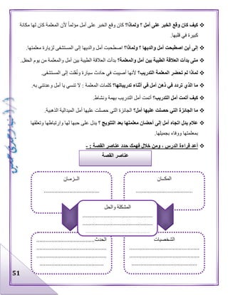 51
‫ولماذا؟‬ ‫؟‬ ‫أمل‬ ‫على‬ ‫الخبر‬ ‫وقع‬ ‫كان‬ ‫كيف‬‫مكانة‬ ‫لها‬ ‫كان‬ ‫المعلمة‬ ‫ألن‬ ‫مؤلما‬ ‫أمل‬ ‫على‬ ‫الخبر‬ ‫وقع‬ ‫كان‬
.‫قلبها‬ ‫في‬ ‫كبيرة‬
‫ولماذا؟‬ ‫؟‬ ‫والديها‬ ‫أمل‬ ‫اصطبحت‬ ‫أين‬ ‫إلى‬.‫معلمتها‬ ‫لزيارة‬ ‫المستشفى‬ ‫إلى‬ ‫والديها‬ ‫أمل‬ ‫اصطحبت‬
‫والمعلمة؟‬ ‫أمل‬ ‫بين‬ ‫الطيبة‬ ‫العالقة‬ ‫بدأت‬ ‫متى‬.‫الحفل‬ ‫يوم‬ ‫من‬ ‫والمعلمة‬ ‫أمل‬ ‫بين‬ ‫الطيبة‬ ‫العالقة‬ ‫بدأت‬
‫التدريب؟‬ ‫المعلمة‬ ‫تحضر‬ ‫لم‬ ‫لماذا‬.‫المستشفى‬ ‫إلى‬ ‫قلت‬ُ‫ن‬‫و‬ ‫سيارة‬ ‫حادث‬ ‫في‬ ‫أصيبت‬ ‫ألنها‬
‫تدريباتها؟‬ ‫أثناء‬ ‫في‬ ‫أمل‬ ‫ذهن‬ ‫في‬ ‫تردد‬ ‫الذي‬ ‫ما‬‫به‬ ‫وعدتني‬ ‫أمل‬ ‫يا‬ ‫تنسي‬ ‫ال‬ : ‫المعلمة‬ ‫كلمات‬.
‫التدريب؟‬ ‫أمل‬ ‫أتمت‬ ‫كيف‬.‫ونشاط‬ ‫بهمة‬ ‫التدريب‬ ‫أمل‬ ‫أتمت‬
‫أمل؟‬ ‫عليها‬ ‫حصلت‬ ‫التي‬ ‫الجائزة‬ ‫ما‬.‫الذهبية‬ ‫الميدالية‬ ‫أمل‬ ‫عليها‬ ‫حصلت‬ ‫التي‬ ‫الجائزة‬
‫؟‬ ‫التتويج‬ ‫بعد‬ ‫معلمتها‬ ‫أحضان‬ ‫إلى‬ ‫أمل‬ ‫اتجاه‬ ‫يدل‬ ‫عالم‬‫وتعلقها‬ ‫وارتباطها‬ ‫لها‬ ‫حبها‬ ‫على‬ ‫يدل‬
.‫بجميلها‬ ‫ووفاء‬ ‫بمعلمتها‬
‫الد‬ ‫قراءة‬ ‫أعد‬: ‫القصة‬ ‫عناصر‬ ‫حدد‬ ‫فهمك‬ ‫خالل‬ ‫ومن‬ ، ‫رس‬-
‫القصة‬ ‫عناصر‬
‫المكــان‬
......................................
‫الشخصيات‬
...............................................
...............................................
............................................
‫الحدث‬.......................................
...............................................
...............................................
...........................................
‫الــزمـان‬
.....................................
‫والحل‬ ‫المشكلة‬
...............................................
...............................................
...........................................
 