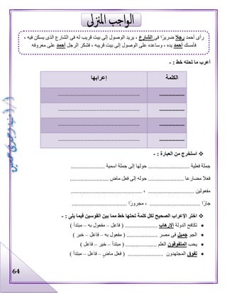64
: ‫خط‬ ‫تحته‬ ‫ما‬ ‫أعرب‬-
‫الكلمة‬‫إعرابها‬
........................................................................
........................................................................
........................................................................
........................................................................
: ‫العبارة‬ ‫من‬ ‫استخرج‬-
....................... ‫اسمية‬ ‫جملة‬ ‫إلى‬ ‫حولها‬ ............................ ‫فعلية‬ ‫جملة‬
.......................... ‫ماض‬ ‫فعل‬ ‫إلى‬ ‫حوله‬ ........................ ‫مضارعا‬ ‫فعال‬
........................ ، ............................... ‫مفعولين‬........................
..................................... ‫ا‬‫مجرور‬ ، .................................. ‫ا‬‫جار‬
: ‫يلى‬ ‫فيما‬ ‫القوسين‬ ‫بين‬ ‫مما‬ ‫خط‬ ‫تحتها‬ ‫كلمة‬ ‫لكل‬ ‫الصحيح‬ ‫اإلعراب‬ ‫اختر‬-
‫الدولة‬ ‫تكافح‬‫اإلرهاب‬‫فاعل‬ ( ......................–‫به‬ ‫مفعول‬–) ‫مبتدأ‬
‫الجو‬‫جميل‬‫به‬ ‫مفعول‬ ( ..................... ‫مصر‬ ‫فى‬–‫فاعل‬–) ‫خبر‬
‫يحب‬‫المتفوقون‬‫مبتدأ‬ ( ..................... ‫العلم‬–‫خير‬–) ‫فاعل‬
‫تفوق‬‫ماض‬ ‫فعل‬ ( ........................ ‫المجتهدون‬–‫فاعل‬–) ‫مبتدأ‬
‫أحمد‬ ‫رأى‬‫رجال‬‫فى‬ ‫ا‬‫ضرير‬‫الشارع‬، ‫فيه‬ ‫يسكن‬ ‫الذى‬ ‫الشارع‬ ‫فى‬ ‫له‬ ‫قريب‬ ‫بيت‬ ‫إلى‬ ‫الوصول‬ ‫يريد‬ ،
‫فأمسك‬‫أحمد‬‫الرجل‬ ‫فشكر‬ ، ‫قريبه‬ ‫بيت‬ ‫إلى‬ ‫الوصول‬ ‫على‬ ‫وساعده‬ ، ‫يده‬‫أحمد‬‫معروفه‬ ‫على‬
 