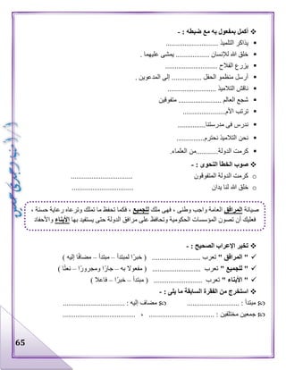 65
: ‫ضبطه‬ ‫مع‬ ‫به‬ ‫بمفعول‬ ‫أكمل‬-
.......... ‫التلميذ‬ ‫يذاكر‬..................
. ‫عليهما‬ ‫يمشى‬ .................. ‫لإلنسان‬ ‫هللا‬ ‫خلق‬
............................ ‫الفالح‬ ‫يزرع‬
. ‫المدعوين‬ ‫إلى‬ ................ ‫الحفل‬ ‫منظمو‬ ‫أرسل‬
.......................... ‫التالميذ‬ ‫ناقش‬
‫مت‬ ....................... ‫العالم‬ ‫شجع‬‫فوقين‬
.......................‫األم‬ ‫ترتب‬
...............‫مدرستنا‬ ‫فى‬ ‫ندرس‬
...............‫نحترم‬ ‫التالميذ‬ ‫نحن‬
.‫العلماء‬ ‫الدولة............من‬ ‫كرمت‬
: ‫النحوى‬ ‫الخطأ‬ ‫صوب‬-
o................................. ‫المتفوقون‬ ‫الدولة‬ ‫كرمت‬
o‫هللا‬ ‫خلق‬................................. ‫يدان‬ ‫لنا‬
: ‫الصحيح‬ ‫اإلعراب‬ ‫تخير‬-
" ‫المرافق‬ "‫لمبتدأ‬ ‫ا‬‫خبر‬ ( .......................... ‫تعرب‬–‫مبتدأ‬–) ‫إليه‬ ‫ا‬‫مضاف‬
" ‫للجميع‬ "‫مفعوال‬ ( .......................... ‫تعرب‬‫به‬–‫ا‬‫ومجرور‬ ‫ا‬‫جار‬–) ‫ا‬‫نعت‬
" ‫األبناء‬ "‫مبتدأ‬ ( .......................... ‫تعرب‬–‫ا‬‫خبر‬–) ‫فاعال‬
: ‫يلى‬ ‫ما‬ ‫السابقة‬ ‫الفقرة‬ ‫من‬ ‫استخرج‬-
............................ : ‫مبتدأ‬................................. : ‫إليه‬ ‫مضاف‬
‫مختلفين‬ ‫جمعين‬....................................... ، ................................... :
‫صيانة‬‫المرافق‬‫العامة‬‫ملك‬ ‫فهى‬ ، ‫وطنى‬ ‫واجب‬‫للجميع‬، ‫حسنة‬ ‫رعاية‬ ‫وترعاه‬ ‫تملك‬ ‫ما‬ ‫تحفظ‬ ‫فكما‬ ،
‫بها‬ ‫يستفيد‬ ‫حتى‬ ‫الدولة‬ ‫مرافق‬ ‫على‬ ‫وتحافظ‬ ‫الحكومية‬ ‫المؤسسات‬ ‫تصون‬ ‫أن‬ ‫فعليك‬‫األبناء‬‫واألحفاد‬
 