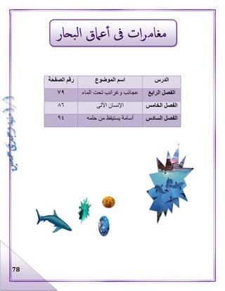 78
‫الدرس‬‫الموضوع‬ ‫اسم‬‫الصفحة‬ ‫رقم‬
‫ال‬ ‫الفصل‬‫رابع‬‫ع‬‫الماء‬ ‫تحت‬ ‫وغرائب‬ ‫جائب‬٧٩
‫ال‬ ‫الفصل‬‫خامس‬‫ا‬‫اآللى‬ ‫إلنسان‬٨٦
‫ال‬ ‫الفصل‬‫سادس‬‫أ‬‫حلمه‬ ‫من‬ ‫يستيقظ‬ ‫سامة‬٩٤
 