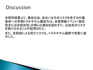 本研究結果より、重症出血、あるいはそのリスクを有する外傷
患者への早期トラネキサム酸投与は、血管閉塞イベント（致死
性または非致死性）の明らな増加を認めずに、出血死のリスク
を減小させることが証明された。
また、全原因による死亡リスクも、トラネキサム酸群で有意に減
少した。
 