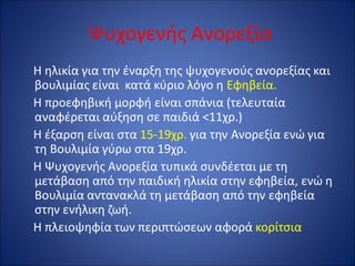 Ψυχογενής Ανορεξία
Η ηλικία για την έναρξη της ψυχογενούς ανορεξίας και
βουλιμίας είναι κατά κύριο λόγο η Εφηβεία.
Η προεφηβική μορφή είναι σπάνια (τελευταία
αναφέρεται αύξηση σε παιδιά <11χρ.)
Η έξαρση είναι στα 15-19χρ. για την Ανορεξία ενώ για
τη Βουλιμία γύρω στα 19χρ.
Η Ψυχογενής Ανορεξία τυπικά συνδέεται με τη
μετάβαση από την παιδική ηλικία στην εφηβεία, ενώ η
Βουλιμία αντανακλά τη μετάβαση από την εφηβεία
στην ενήλικη ζωή.
Η πλειοψηφία των περιπτώσεων αφορά κορίτσια
 