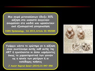 Μια σειρά μεταναλύσεων έδειξε 30%
αύξηση στα ποσοστά συγγενών
ανωμαλιών στα παιδιά που προκύπτουν
από εξωσωματική γονιμοποίηση
ISRN Epidemology, Vol 2013,Article ID 452085
Υπάρχει πάντα το ερώτημα αν η αύξηση
είναι αποτέλεσμα αυτής καθ αυτής της
ART ή εμπλέκονται κι άλλοι παράγοντες
όπως τα χαρακτηριστικά των γονιών
πχ η ηλικία των μητέρων ή οι
πολύδυμες κυήσεις
J Assist Reprod Genet (2014);31:947-958
 