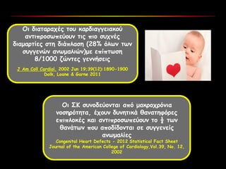 Οι διαταραχές του καρδιαγγειακού
αντιπροσωπεύουν τις πιο συχνές
διαμαρτίες στη διάπλαση (28% όλων των
συγγενών ανωμαλιών)με επίπτωση
8/1000 ζώντες γεννήσεις
J Am Coll Cardiol. 2002 Jun 19;39(12):1890-1900
Dolk, Loane & Garne 2011
Οι ΣΚ συνοδεύονται από μακροχρόνια
νοσηρότητα, έχουν δυνητικά θανατηφόρες
επιπλοκές και αντιπροσωπεύουν το ½ των
θανάτων που αποδίδονται σε συγγενείς
ανωμαλίες
Congenital Heart Defects - 2012 Statistical Fact Sheet
Journal of the American College of Cardiology,Vol.39, No. 12,
2002
 