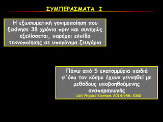 ΣΥΜΠΕΡΑΣΜΑΤΑ Ι
Η εξωσωματική γονιμοποίηση που
ξεκίνησε 38 χρόνια πριν και συνεχώς
εξελίσσεται, παρέχει ελπίδα
τεκνοποίησης σε υπογόνιμα ζευγάρια
Πάνω από 5 εκατομμύρια παιδιά
σ΄όλο τον κόσμο έχουν γεννηθεί με
μεθόδους υποβοηθούμενης
αναπαραγωγής
Cell Physiol Biochem 2014;988-1000
 