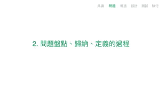 2. 問題盤點、歸納、定義的過程
共識 問題 概念念 設計 測試 執⾏行行
 