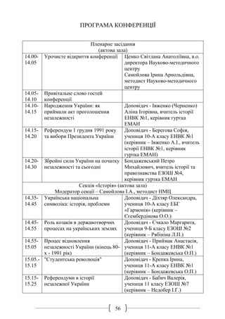 56
ПРОГРАМА КОНФЕРЕНЦІЇ
Пленарне засідання
(актова зала)
14.00-
14.05
Урочисте відкриття конференції Цемко Світлана Анатоліївна, в.о.
директора Науково-методичного
центру
Самойлова Ірина Арнольдівна,
методист Науково-методичного
центру
14.05-
14.10
Привітальне слово гостей
конференції
14.10-
14.15
Народження України: як
приймали акт проголошення
незалежності
Доповідач - Івженко (Черненко)
Аліна Ігорівна, вчитель історії
ЕНВК №1, керівник гуртка
ЕМАН
14.15-
14.20
Референдум 1 грудня 1991 року
та вибори Президента України
Доповідач - Берегова Софія,
учениця 10-А класу ЕНВК №1
(керівник – Івженко А.І., вчитель
історії ЕНВК №1, керівник
гуртка ЕМАН)
14.20-
14.30
Збройні сили України на початку
незалежності та сьогодні
Бондажевський Петро
Михайлович, вчитель історії та
правознавства ЕЗОШ №4,
керівник гуртка ЕМАН
Секція «Історія» (актова зала)
Модератор секції – Самойлова І.А., методист НМЦ
14.35-
14.45
Українська національна
символіка: історія, проблеми
Доповідач - Діхтяр Олександра,
учениця 10-А класу ЕБГ
«Гармонія» (керівник –
Єгембердінова О.О.)
14.45-
14.55
Роль козаків в державотворчих
процесах на українських землях
Доповідач - Єчкало Маргарита,
учениця 9-Б класу ЕЗОШ №2
(керівник – Рябініна Л.П.)
14.55-
15.05
Процес відновлення
незалежності України (кінець 80-
х - 1991 рік)
Доповідач - Приймак Анастасія,
учениця 11-А класу ЕНВК №1
(керівник – Бондажевська О.П.)
15.05.-
15.15
"Студентська революція" Доповідач - Крепка Ірина,
учениця 11-А класу ЕНВК №1
(керівник – Бондажевська О.П.)
15.15-
15.25
Референдуми в історії
незалежної України
Доповідач - Бабич Валерія,
учениця 11 класу ЕЗОШ №7
(керівник – Недобер І.Г.)
 