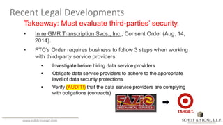www.solidcounsel.com
Recent Legal Developments
Takeaway: Must evaluate third-parties’ security.
• In re GMR Transcription ...