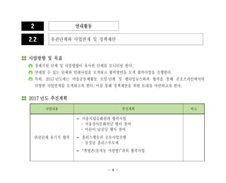 - 4 -
사업내용 추진계획 비고
관련단체 유기적 협력
서울시립승화원과 협력사업
- 서울장사문화의날 행사 참여
- 어린이 납골당 행사 참여
홈리스행동과 공동사업진행
- 동짓날 홈리스추모제
“쪽방촌(동자동 사랑방)”과의 협력사업
2 연대활동
2.2 유관단체와 사업연계 및 정책제안
사업방향 및 목표
장례지원 단체 및 사업방향이 유사한 단체를 모니터링 한다.
함께 사업을 진행할 수 있는 단체와 연대사업을 기획하고 협력방안을 모색한다.
특히, 2017 년도에는 마을공동체활동 모임·단체 및 웰다잉뉴스와의 협력을 통해 온오프라인에서의
다양한 사업연계를 모색하고자 한다. 이를 통해 정책제안을 위한 토대를 마련하고자 한다.
2017 년도 추진계획
 