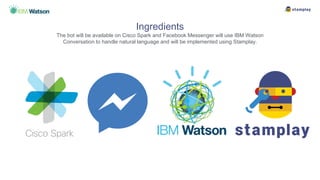 Ingredients
The bot will be available on Cisco Spark and Facebook Messenger will use IBM Watson
Conversation to handle natural language and will be implemented using Stamplay.
 
