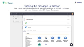 Passing the message to Watson
Now that we have the message that has been type by the user we can pass it to Watson,
add a new Action and select IBM Watson Conversation
 