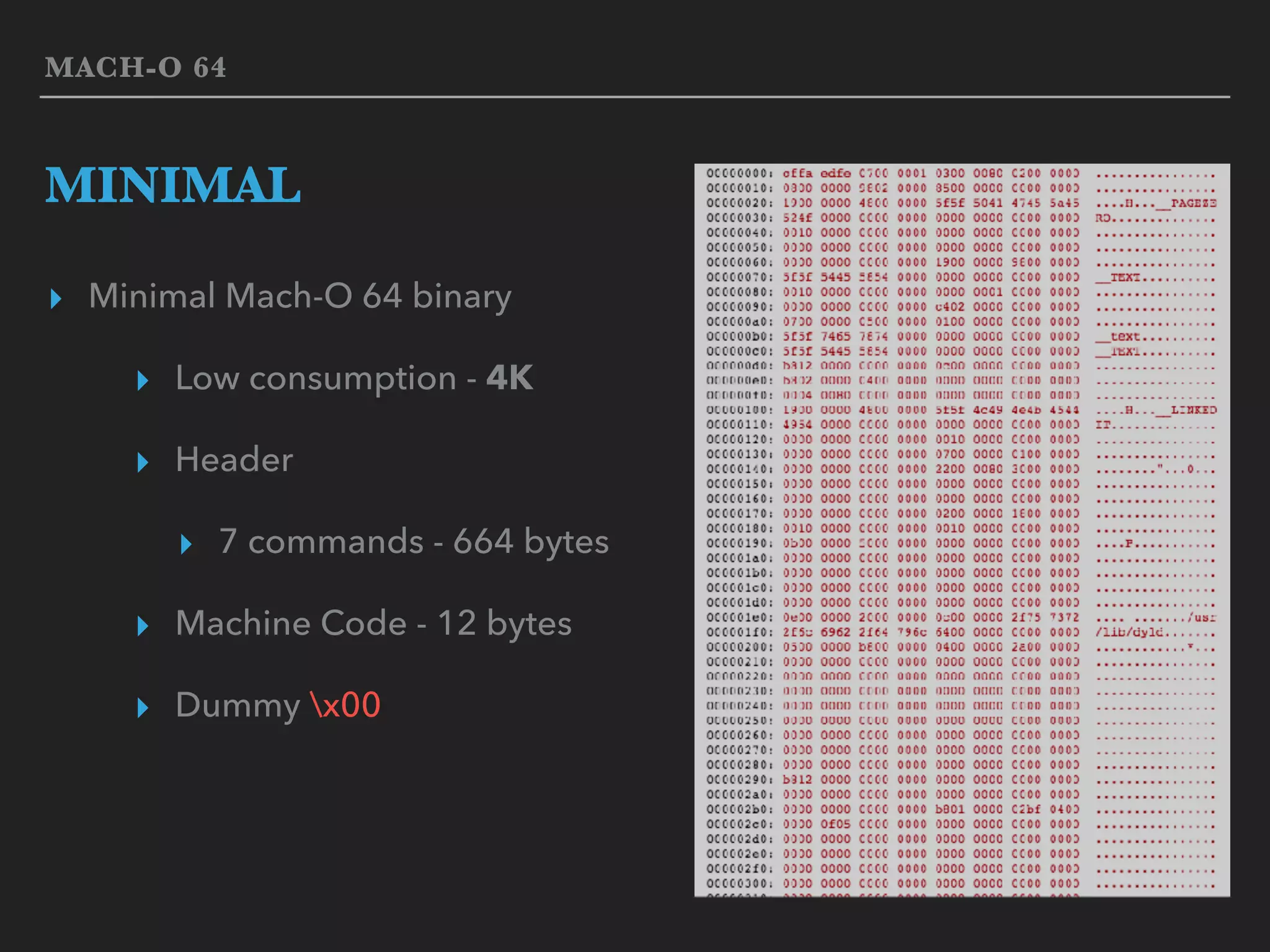 MACH-O 64
MINIMAL
▸ Minimal Mach-O 64 binary
▸ Low consumption - 4K
▸ Header
▸ 7 commands - 664 bytes
▸ Machine Code - 12 bytes
▸ Dummy x00
 