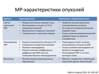 МР-характеристики опухолей
Диагноз Характеристики Замечания и предостережения
Светло-
клеточный
ПКР
• Микроскопическая жировая ткань
• Интенсивность сигнала на Т2 от
средней до высокой
• Выраженное («жадное») усиление
• Гетерогенные с участками некроза
• Наиболее распространенные
злокачественные опухоли
• Не у всех есть микроскопическая
жировая ткань
• Только наличие микроскопической
жировой ткани не является
специфичным
Папиллярный
ПКР
• Низкая интенсивность сигнала на Т2
• Сниженное контрастное усиление
• Наличие гемосидерина
• Низкое значение коэффициента
диффузии при DWI (если не
компрометируется гемосидерином)
• Гемосидерин может снижать
интенсивность сигнала на DWI
• Только наличие гемосидерина не
является специфичным
• Папиллярный ПКР 1 и 2 типа
выглядят схоже
Метастазы • Множественные билатеральные
образования
• Обычно у пациентов с известными
опухолями других локализаций
Abdom Imaging 2014; 39: 358-387
 