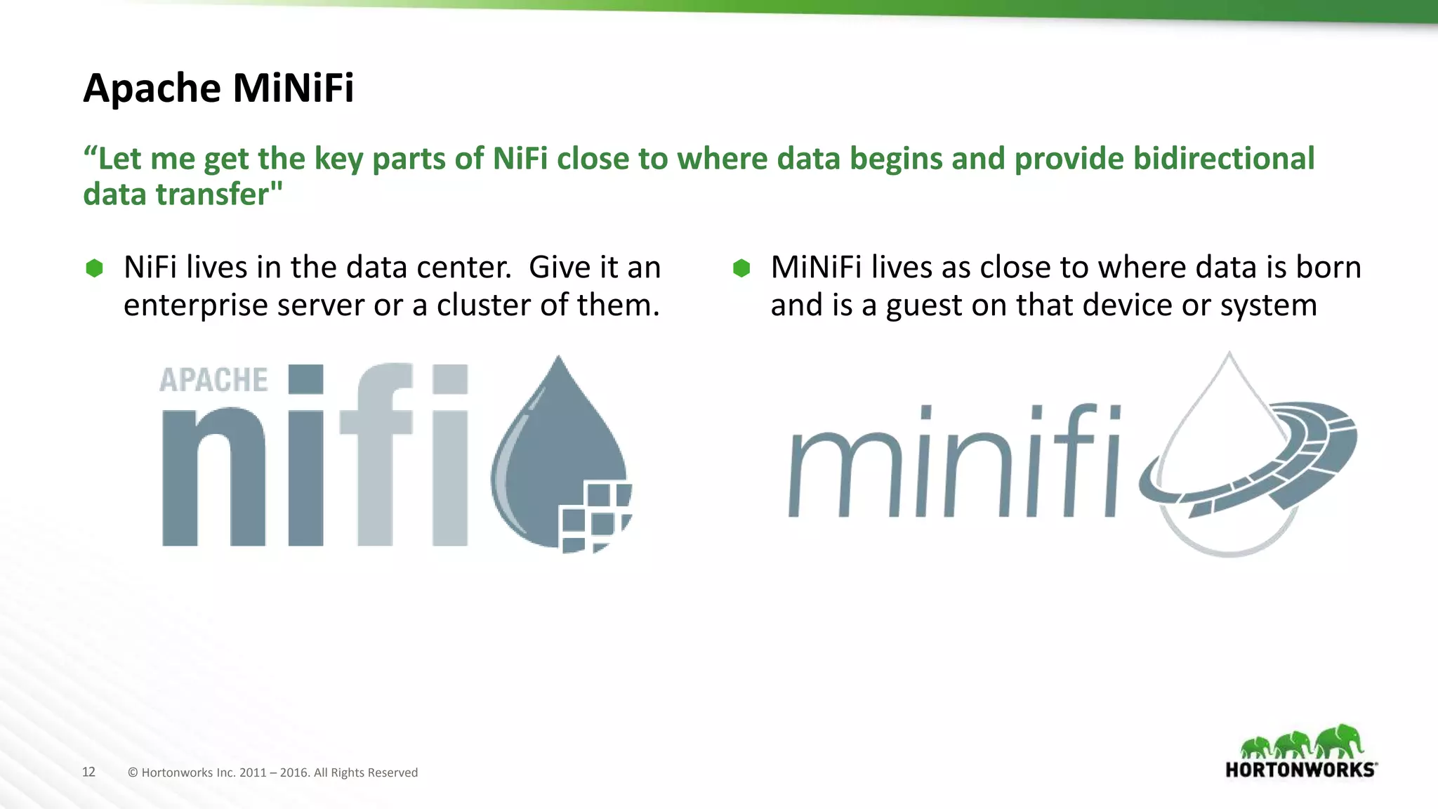 12 © Hortonworks Inc. 2011 – 2016. All Rights Reserved
Apache MiNiFi
 NiFi lives in the data center. Give it an
enterprise server or a cluster of them.
 MiNiFi lives as close to where data is born
and is a guest on that device or system
“Let me get the key parts of NiFi close to where data begins and provide bidirectional
data transfer"
 
