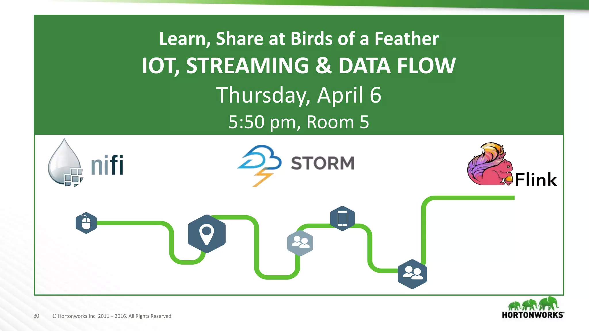 30 © Hortonworks Inc. 2011 – 2016. All Rights Reserved
Learn, Share at Birds of a Feather
IOT, STREAMING & DATA FLOW
Thursday, April 6
5:50 pm, Room 5
 