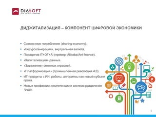 ДИДЖИТАЛИЗАЦИЯ – КОМПОНЕНТ ЦИФРОВОЙ ЭКОНОМИКИ
 Совместное потребление (sharing economy).
 «Ресурсогенерация», виртуальная валюта.
 Парадигма IT+DT+AI (пример: Alibaba/Ant finance).
 «Капитализация» данных.
 «Заражение» смежных отраслей.
 «Платформизация» (промышленная революция 4.0).
 ИТ-продукты c ИИ, роботы, алгоритмы как новый субъект
права.
 Новые профессии, компетенции и система разделения
труда.
3
 