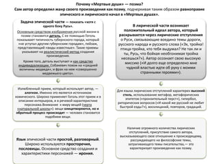 Почему «Мертвые души» — поэма?
Сам автор определил жанр своего произведения как поэму, подчеркивая таким образом равноправие
эпического и лирического начал в «Мертвых душах».
Задача эпической части — показать «хотя с
одного боку Русь».
Основным средством изображения русской жизни в
поэме становится деталь. С ее помощью Гоголь
показывает типичность губернского города, который
«не уступал другим губернским городам», пейзаж,
представляющий «виды известные». Такие приемы
указывают на реалистический метод создания
произведения.
Кроме того, деталь выступает и как средство
индивидуализации. Собакевич похож на «средней
величины медведя», и фрак на нем «совершенно
медвежьего цвета».
Излюбленный прием, который использует автор, —
алогизм. Именно это является источником
комического. Широко применяет Гоголь этот прием и в
описании интерьеров, и в речевой характеристике
персонажа.Внимание к миру вещей (черта
«натуральной школы»): вещи олицетворяются, но и
обратный процесс происходит — человек становится
подобием вещи.
Язык эпической части простой, разговорный.
Широко используются просторечия,
пословицы. Основное средство создания и
характеристики персонажей — ирония.
В лирической части возникает
положительный идеал автора, который
раскрывается через лирические отступления
о Руси, связывающие воедино темы дороги,
русского народа и русского слова («Эх, тройка!
птица-тройка, кто тебя выдумал? Не так ли и
ты, Русь, что бойкая необгонимая тройка
несешься?»). Автор осознает свою высокую
миссию («И долго еще определено мне
чудной властью идти об руку с моими
странными героями»).
Для языка лирических отступлений характерен высокий
стиль, использование метафор, метафорических
эпитетов («пронзительный перст»), гипербол,
риторических вопросов («И какой же русский не любит
быстрой езды?»), восклицаний, повторов, градаций.
Наличие огромного количества лирических
отступлений, присутствие самого автора,
высказывающего свое отношение к происходящему,
рассуждающего на философские темы,
затрагивающего темы писательства,— это
характеризует произведение как поэму.
 
