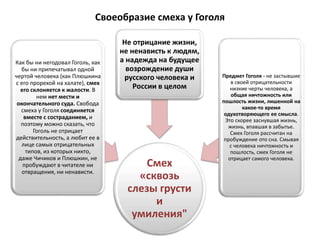 Своеобразие смеха у Гоголя
Смех
«сквозь
слезы грусти
и
умиления"
Как бы ни негодовал Гоголь, как
бы ни припечатывал одной
чертой человека (как Плюшкина
с его прорехой на халате), смех
его склоняется к жалости. В
нем нет мести и
окончательного суда. Свобода
смеха у Гоголя соединяется
вместе с состраданием, и
поэтому можно сказать, что
Гоголь не отрицает
действительность, а любит ее в
лице самых отрицательных
типов, из которых никто,
даже Чичиков и Плюшкин, не
пробуждают в читателе ни
отвращения, ни ненависти.
Не отрицание жизни,
не ненависть к людям,
а надежда на будущее
возрождение души
русского человека и
России в целом
Предмет Гоголя - не застывшие
в своей отрицательности
низкие черты человека, а
общая ничтожность или
пошлость жизни, лишенной на
какое-то время
одухотворяющего ее смысла.
Это скорее заснувшая жизнь,
жизнь, впавшая в забытье.
Смех Гоголя рассчитан на
пробуждение ото сна. Смывая
с человека ничтожность и
пошлость, смех Гоголя не
отрицает самого человека.
 