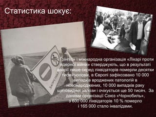 Статистика шокує:
«Грінпіс» і міжнародна організація «Лікарі проти
ядерної війни» стверджують, що в результаті
аварії лише серед ліквідаторів померли десятки
тисяч чоловік, в Європі зафіксовано 10 000
випадків вроджених патологій в
новонароджених, 10 000 випадків раку
щитовидної залози і очікується ще 50 тисяч. За
даними організації Союз «Чорнобиль»,
з 600 000 ліквідаторів 10 % померло
і 165 000 стало інвалідами.
 
