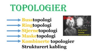 TOPOLOGIER
Busstopologi
Ringtopologi
Stjernetopologi
Masketopologi
Kombinerte topologier
Strukturert kabling
 