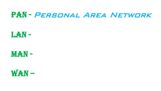 PAN - Personal Area Network
LAN -
MAN -
WAN –
 