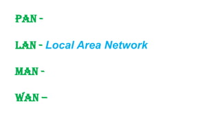 PAN -
LAN - Local Area Network
MAN -
WAN –
 