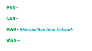 PAN -
LAN -
MAN - Metropolitan Area Network
WAN –
 