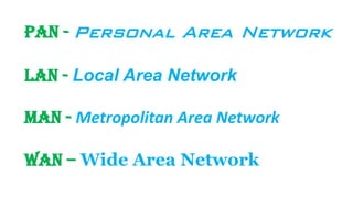 PAN - Personal Area Network
LAN - Local Area Network
MAN - Metropolitan Area Network
WAN – Wide Area Network
 