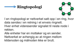 I en ringtopologi er nettverket satt opp i en ring, hvor
data sendes i en retning i et enveis ringnett.
Hver enhet videresender signalet til neste node i
rekken.
Alle enheter har en mottaker og en sender.
Nettverket er avhengig av at ringen mellom
kildenoden og målnoden ikke er brutt.
 
