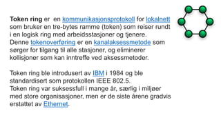 Token ring er en kommunikasjonsprotokoll for lokalnett
som bruker en tre-bytes ramme (token) som reiser rundt
i en logisk ring med arbeidsstasjoner og tjenere.
Denne tokenoverføring er en kanalaksessmetode som
sørger for tilgang til alle stasjoner, og eliminerer
kollisjoner som kan inntreffe ved aksessmetoder.
Token ring ble introdusert av IBM i 1984 og ble
standardisert som protokollen IEEE 802.5.
Token ring var suksessfull i mange år, særlig i miljøer
med store organisasjoner, men er de siste årene gradvis
erstattet av Ethernet.
 