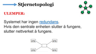 ULEMPER:
Systemet har ingen redundans.
Hvis den sentrale enheten slutter å fungere,
slutter nettverket å fungere.
 