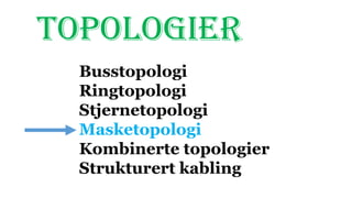 TOPOLOGIER
Busstopologi
Ringtopologi
Stjernetopologi
Masketopologi
Kombinerte topologier
Strukturert kabling
 