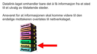 Datalink-laget omhandler bare det å få informasjon fra et sted
til et utvalg av tilstøtende steder.
Ansvaret for at informasjonen skal komme videre til den
endelige mottakeren overlates til nettverkslaget.
 